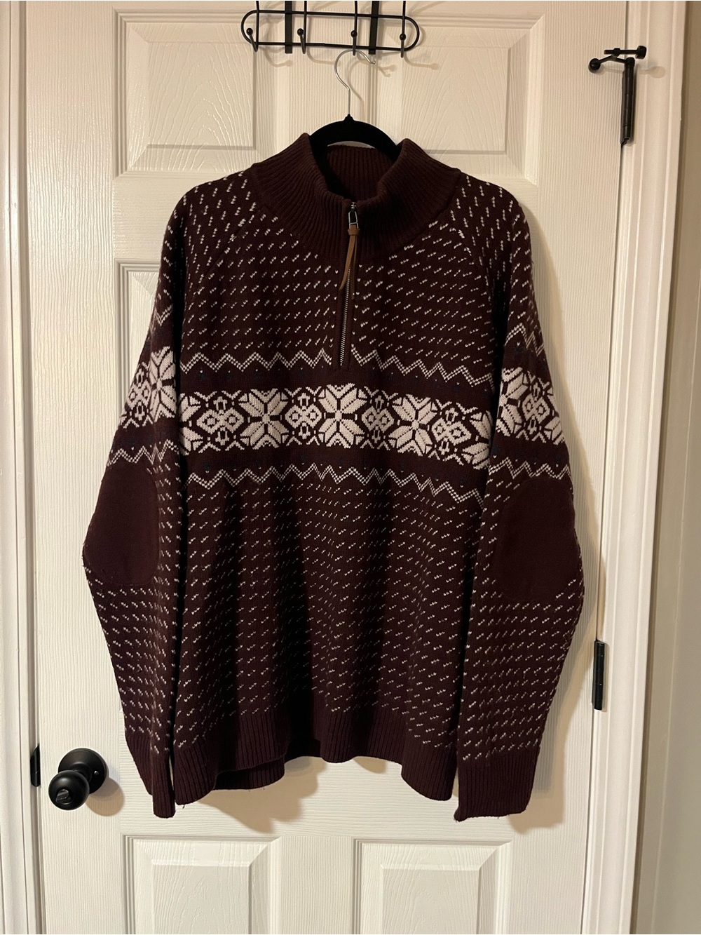 LL Bean Signature Men's Quarter-Zip Fair Isle Sweater in Brown and White